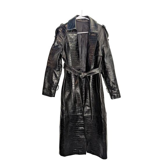 Black Genuine Leather Crocodile-Embossed Trench Coat – Size M - Picture 2 of 8